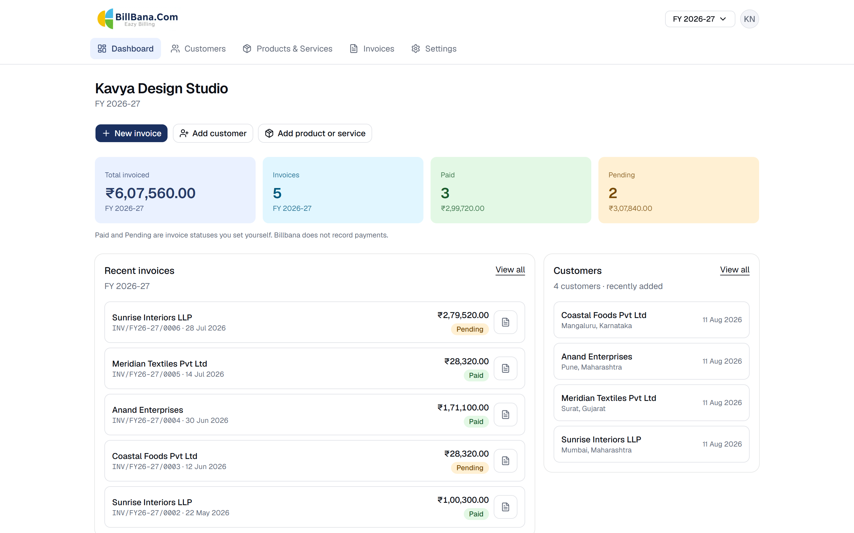 The Billbana dashboard for a sample business, showing total invoiced for the financial year, counts of paid and pending invoices, a list of recent invoices and a list of customers.