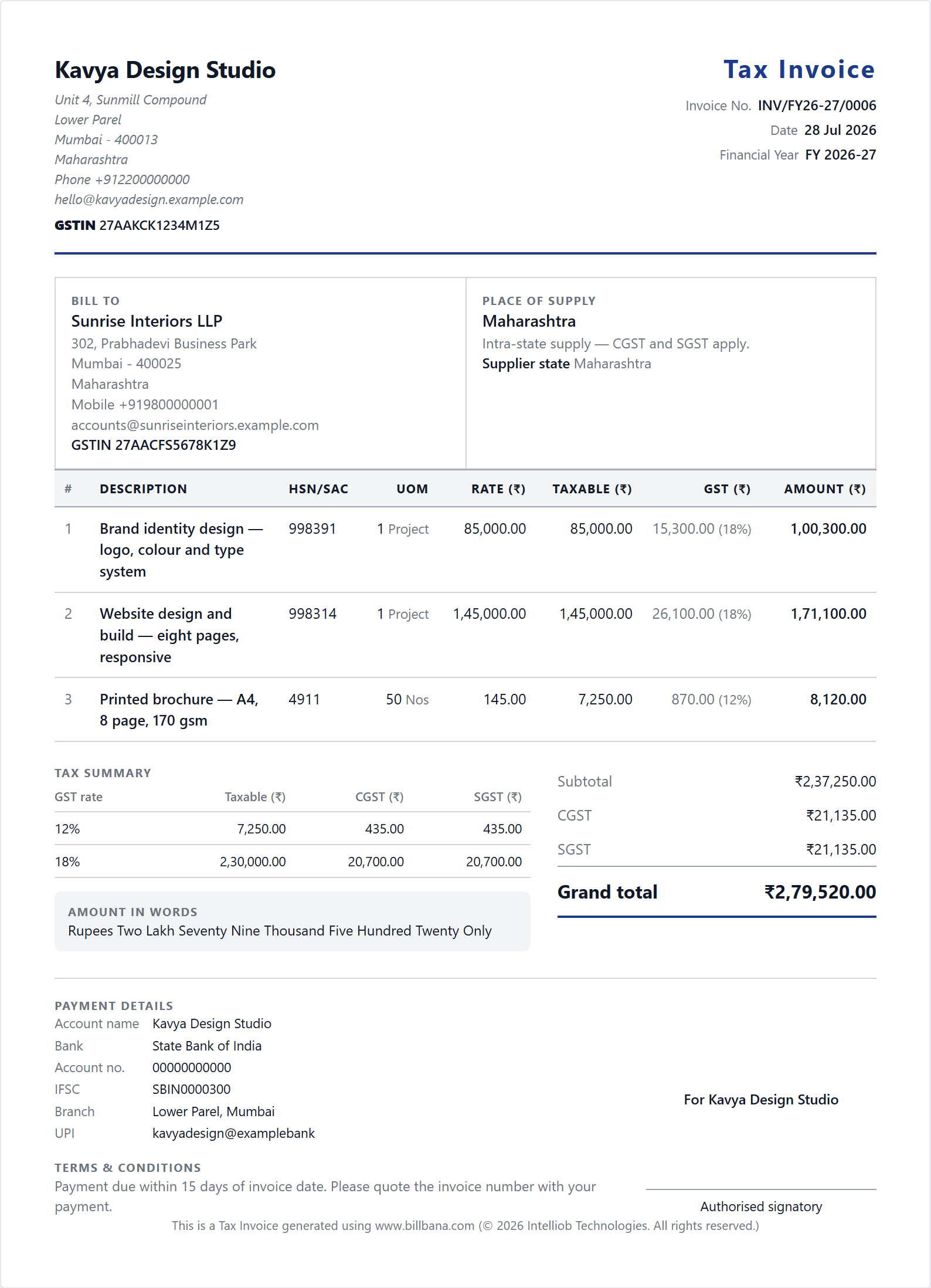 A completed Billbana tax invoice for a sample business, showing the supplier and customer details with GSTINs, three line items with HSN and SAC codes, a CGST and SGST tax summary, the grand total, the amount in words and payment details.